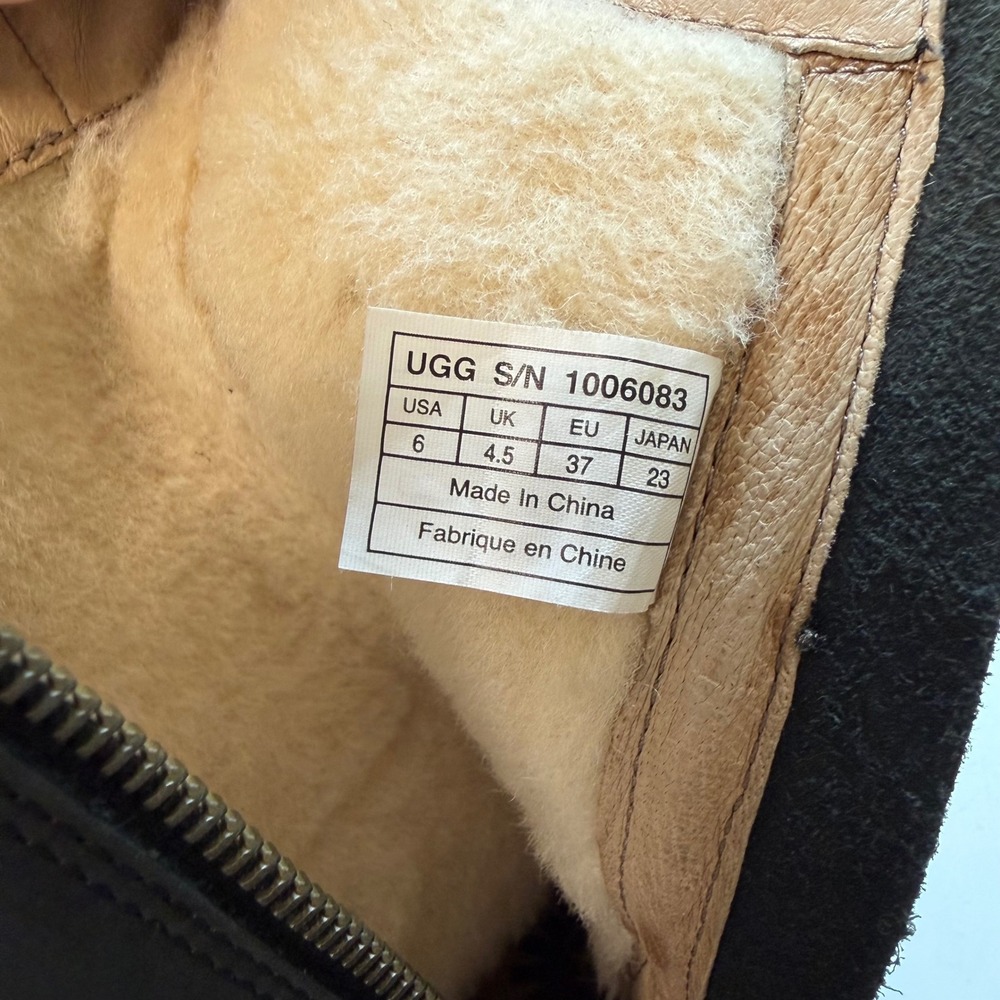 Ugg Boots Kaleen Black Leather Woven Mid Calf Shearling 1006083 Womens 6 Moto - Picture 10 of 10